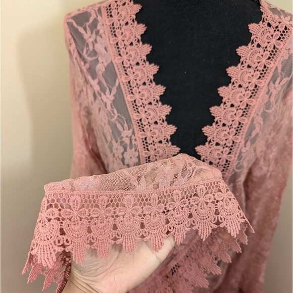 Polly Esther Cardigan Cover Up Pink Long Knit Crochet Bohemian Beach Large - Picture 7 of 10
